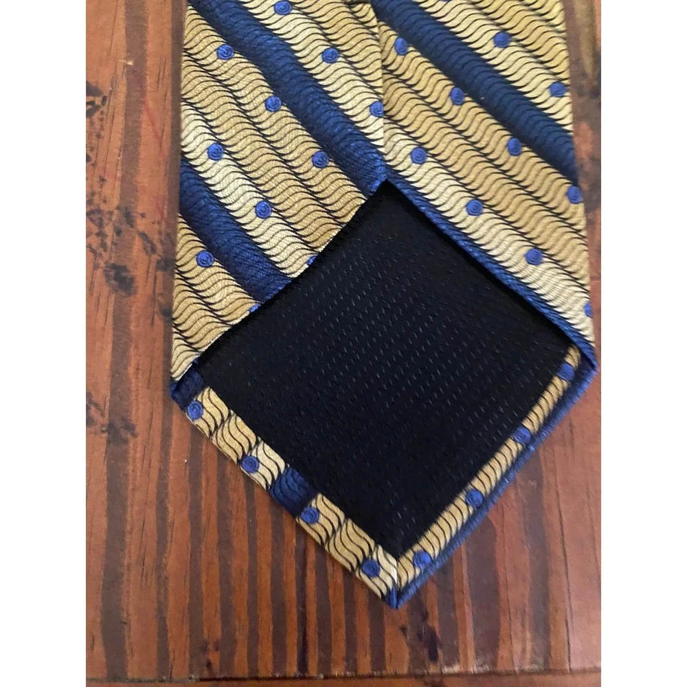 Irvine Park Mens Silk Necktie Navy Blue Gold Diagonal Stripe Swirl‎ Dot Handmade